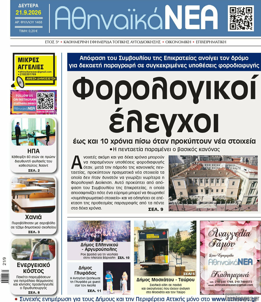 Πρωτοσέλιδο Αθηναϊκά Νέα – 21 Σεπτεμβρίου 2026
