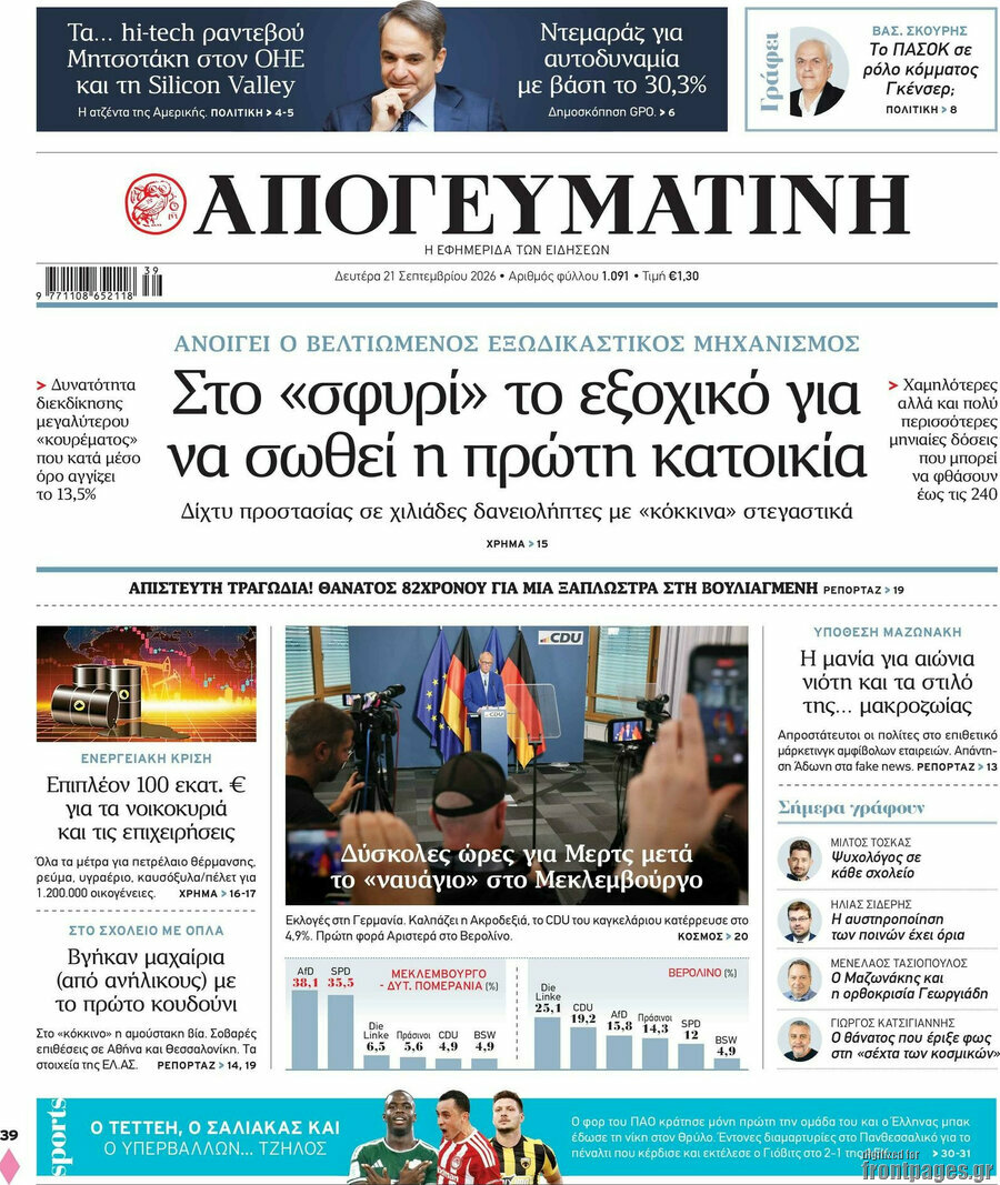 Πρωτοσέλιδο Απογευματινή – 21 Σεπτεμβρίου 2026: Στο «σφυρί» το εξοχικό για να σωθεί η πρώτη κατοικία