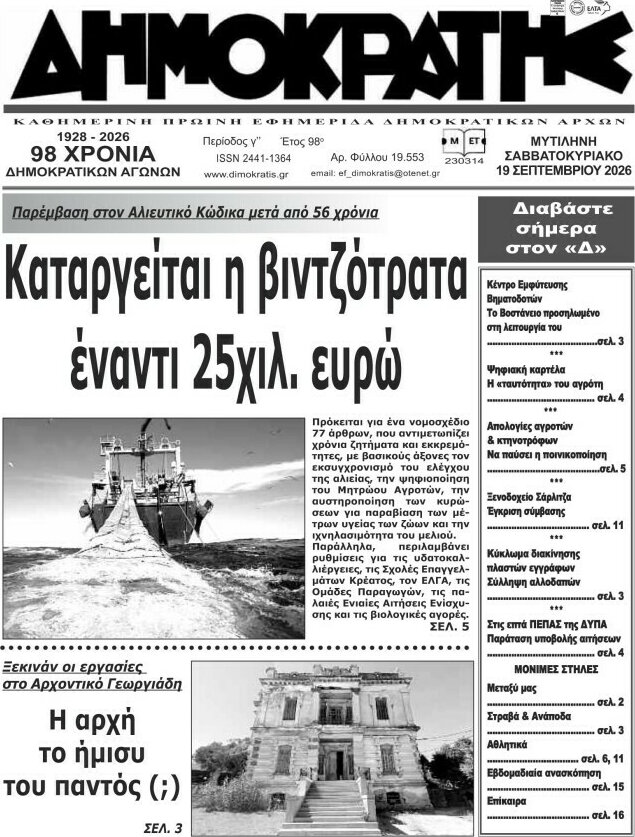 Πρωτοσέλιδο Δημοκράτης – 21 Σεπτεμβρίου 2026