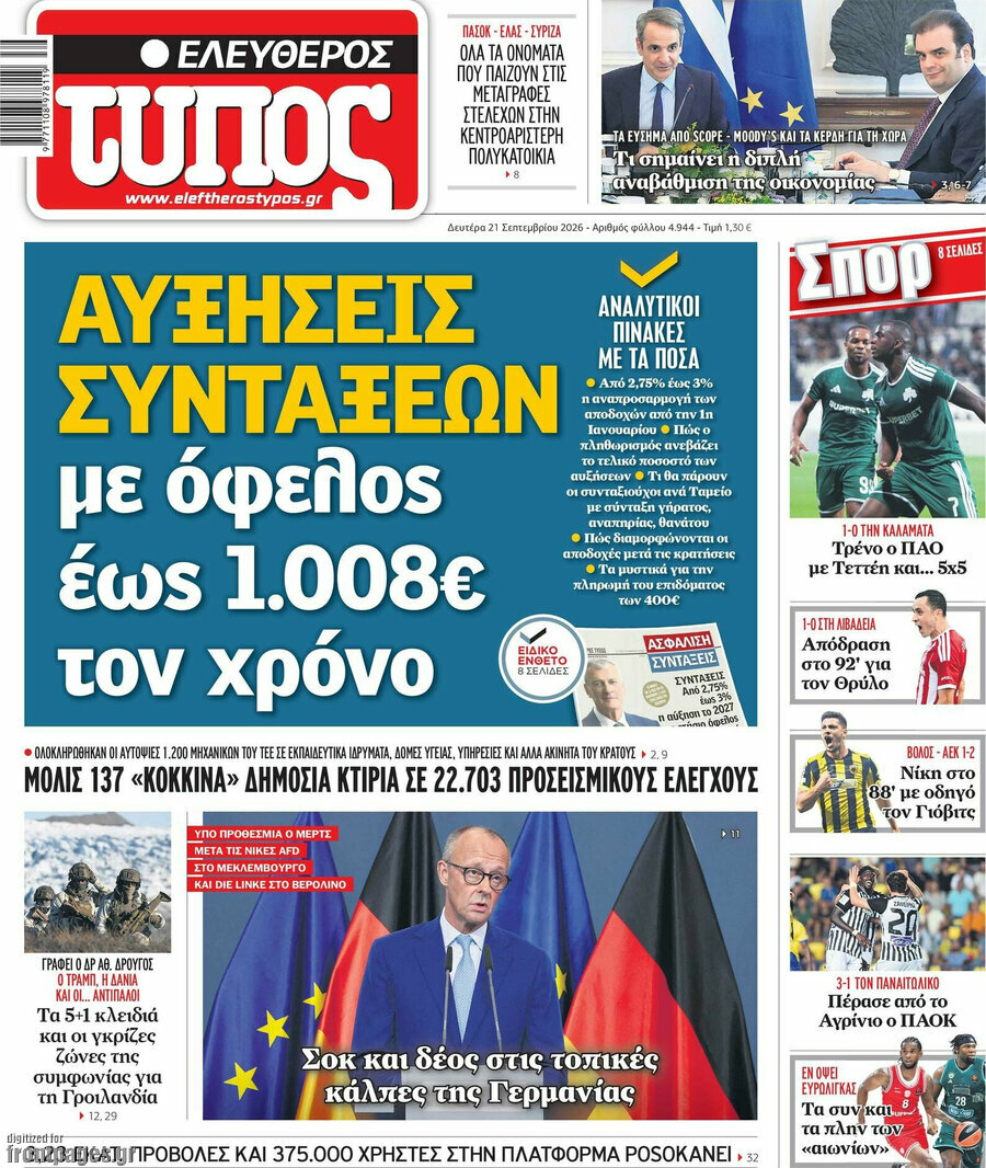 Πρωτοσέλιδο Ελεύθερος Τύπος – 21 Σεπτεμβρίου 2026: Αυξήσεις συντάξεων με όφελος έως 1.008€ τον χρόνο