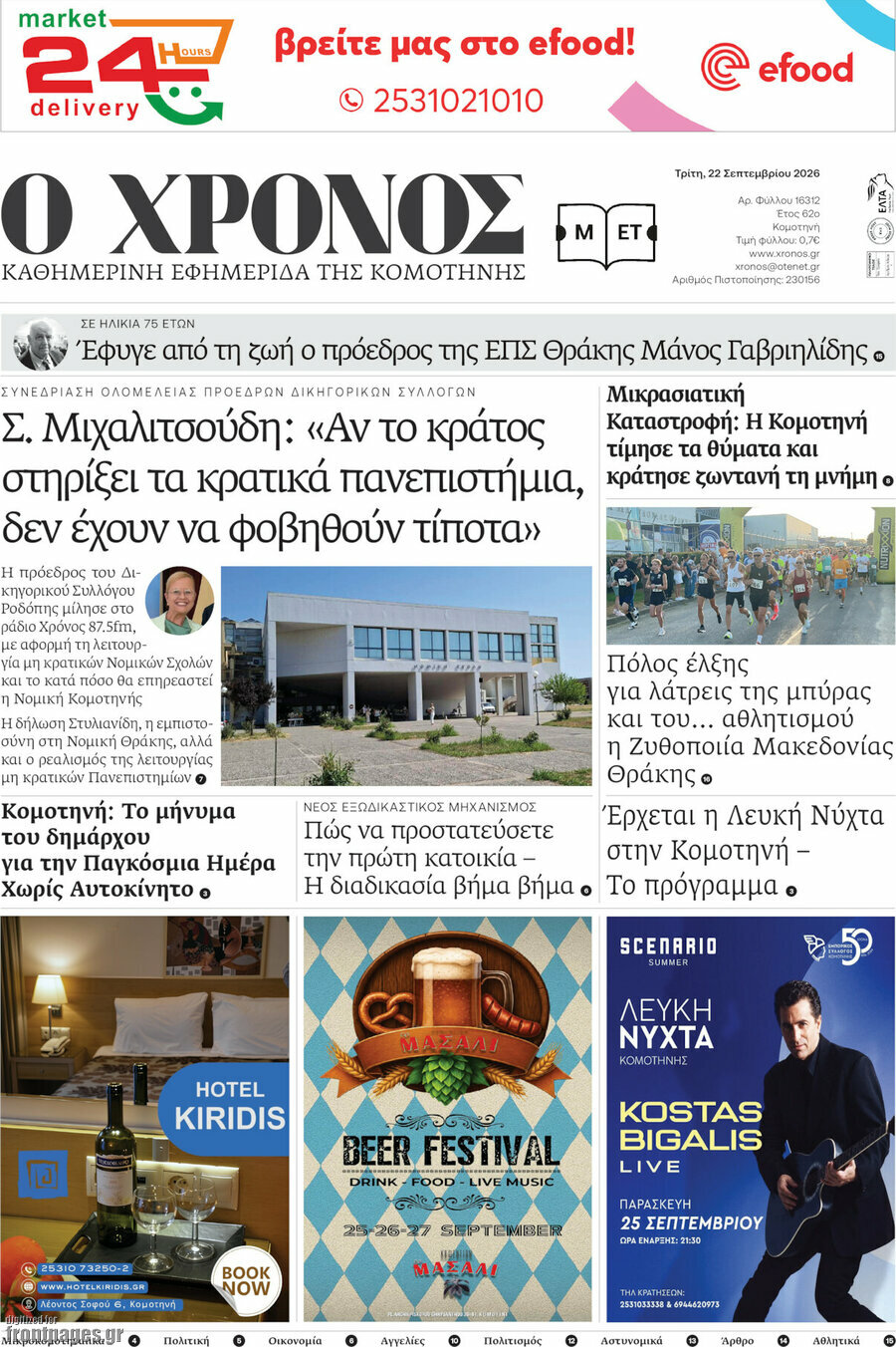 Πρωτοσέλιδο Χρόνος – 22 Σεπτεμβρίου 2026