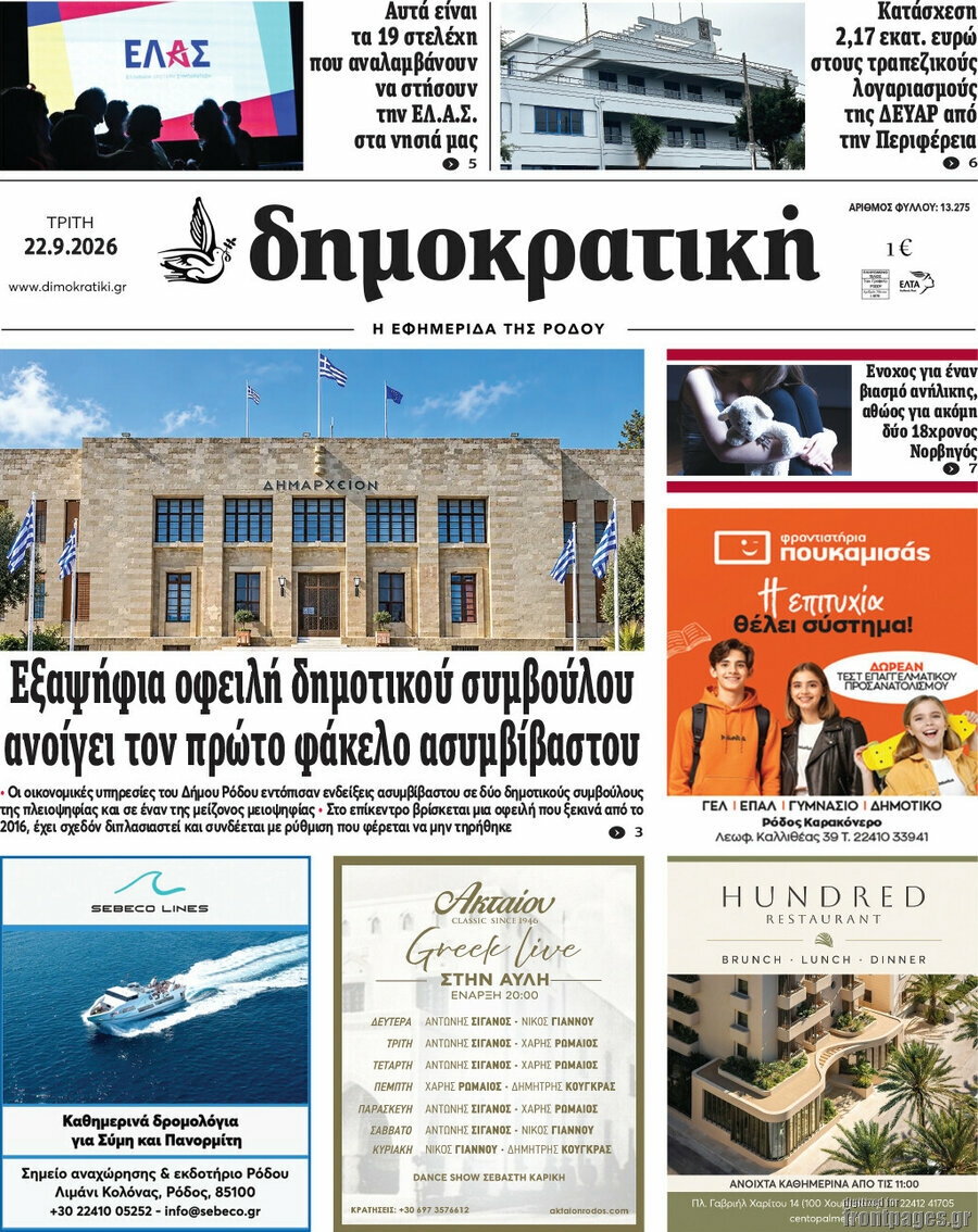 Πρωτοσέλιδο Δημοκρατική Ρόδου – 22 Σεπτεμβρίου 2026