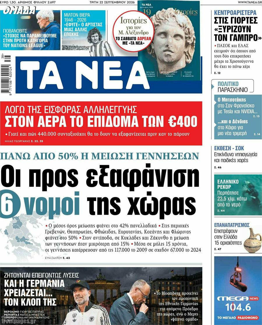 Πρωτοσέλιδο Τα Νέα – 22 Σεπτεμβρίου 2026: Οι προς εξαφάνιση 6 νομοί της χώρας