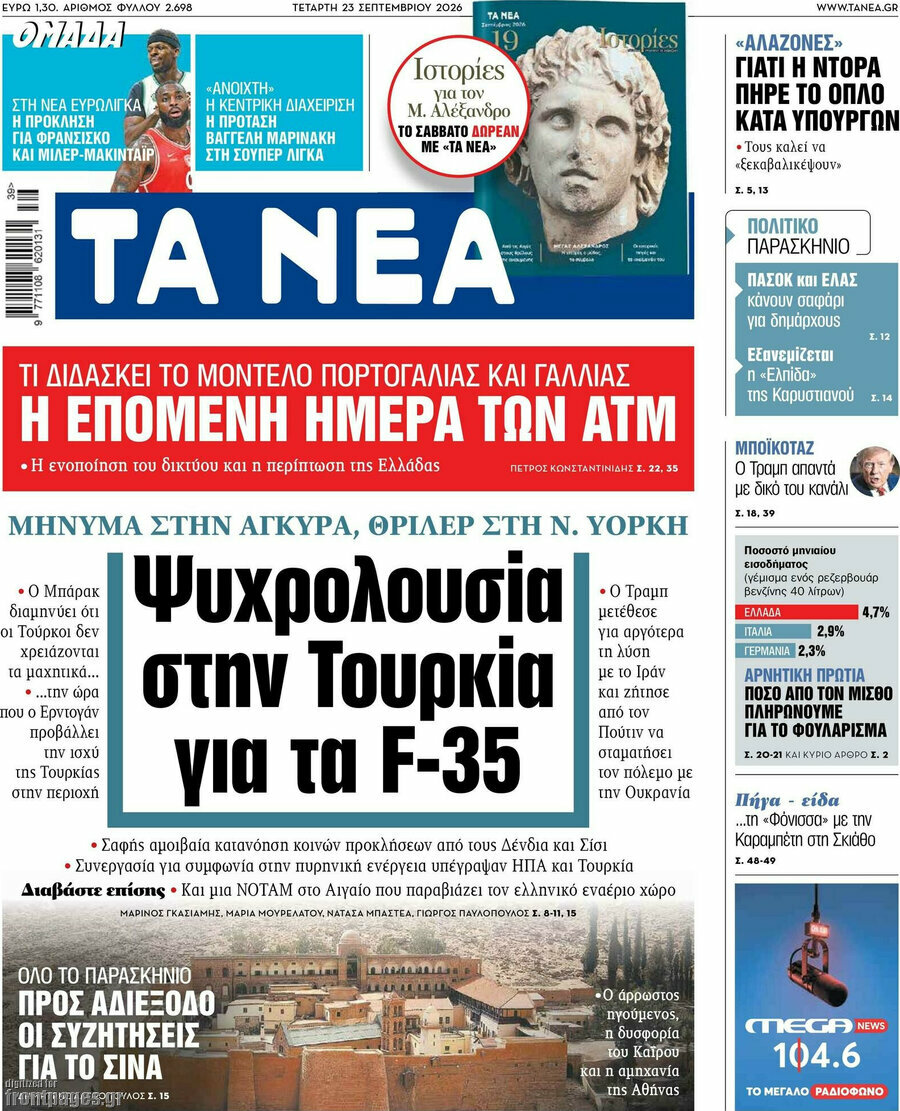 Πρωτοσέλιδο Τα Νέα – 23 Σεπτεμβρίου 2026: Ψυχρολουσία στην Τουρκία για τα F-35