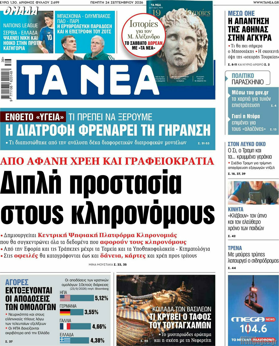 Πρωτοσέλιδο Τα Νέα – 24 Σεπτεμβρίου 2026: Διπλή προστασία στους κληρονόμους