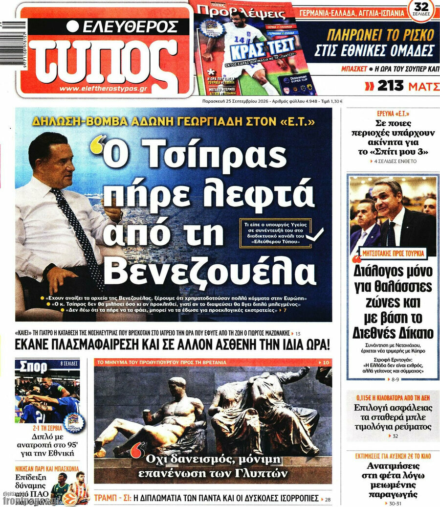 Πρωτοσέλιδο Ελεύθερος Τύπος – 25 Σεπτεμβρίου 2026: Ο Τσίπρας πήρε λεφτά από τη Βενεζουέλα