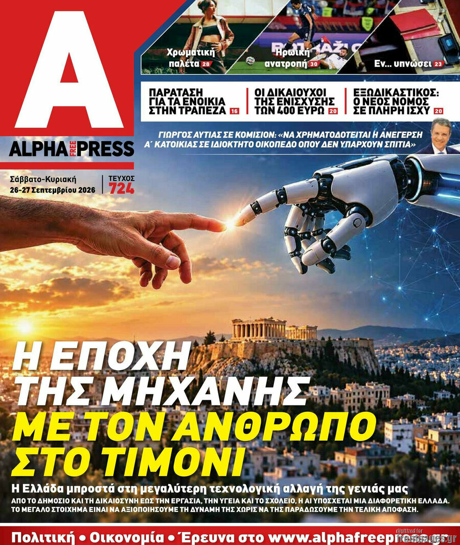 Πρωτοσέλιδο Alpha freepress – 26 Σεπτεμβρίου 2026