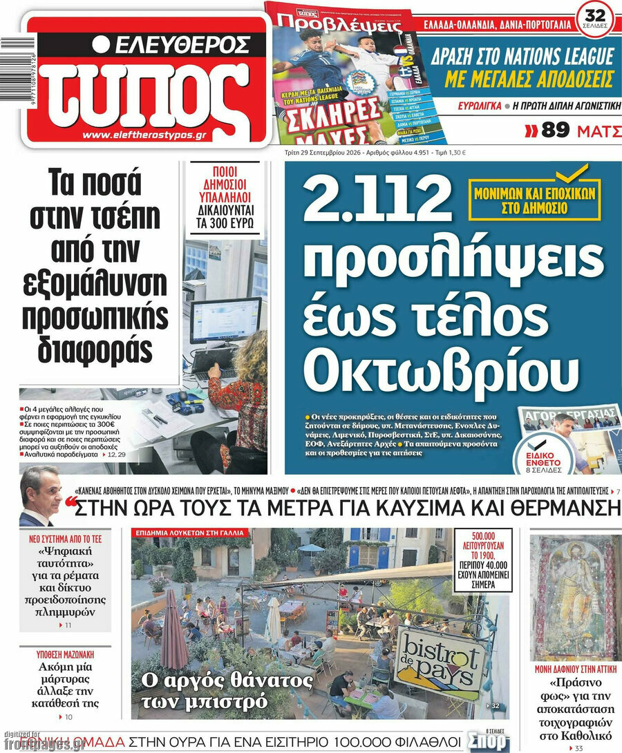 Πρωτοσέλιδο Ελεύθερος Τύπος – 29 Σεπτεμβρίου 2026: 2.112 προσλήψεις έως τέλος Οκτωβρίου