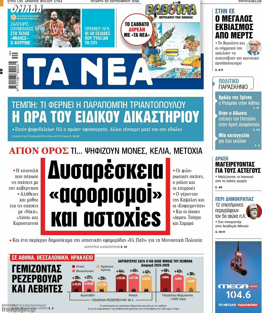 Πρωτοσέλιδο Τα Νέα – 30 Σεπτεμβρίου 2026: Δυσαρέσκεια «αφορισμοί» και αστοχίες