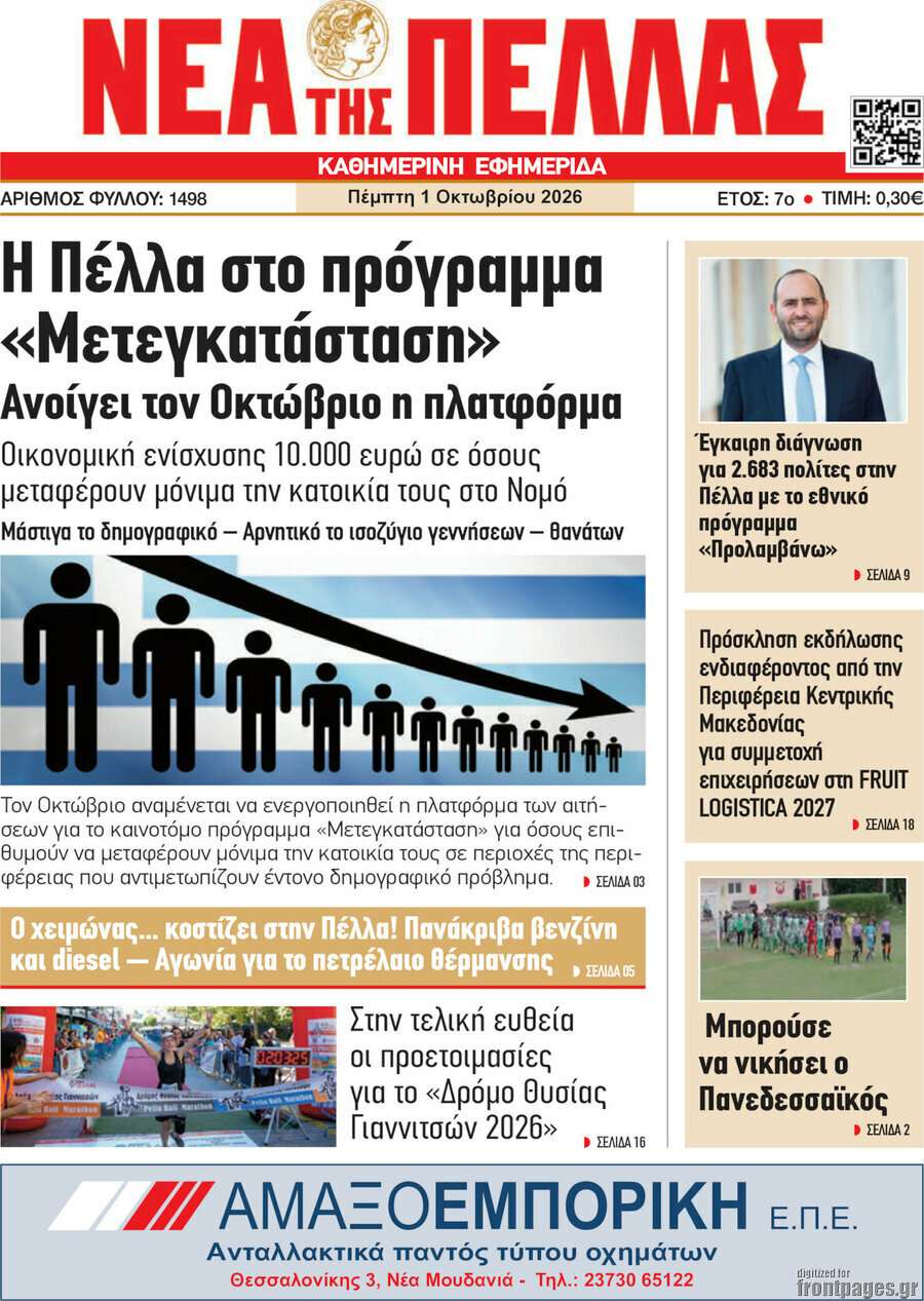 Πρωτοσέλιδο Νέα της Πέλλας – 1 Οκτωβρίου 2026