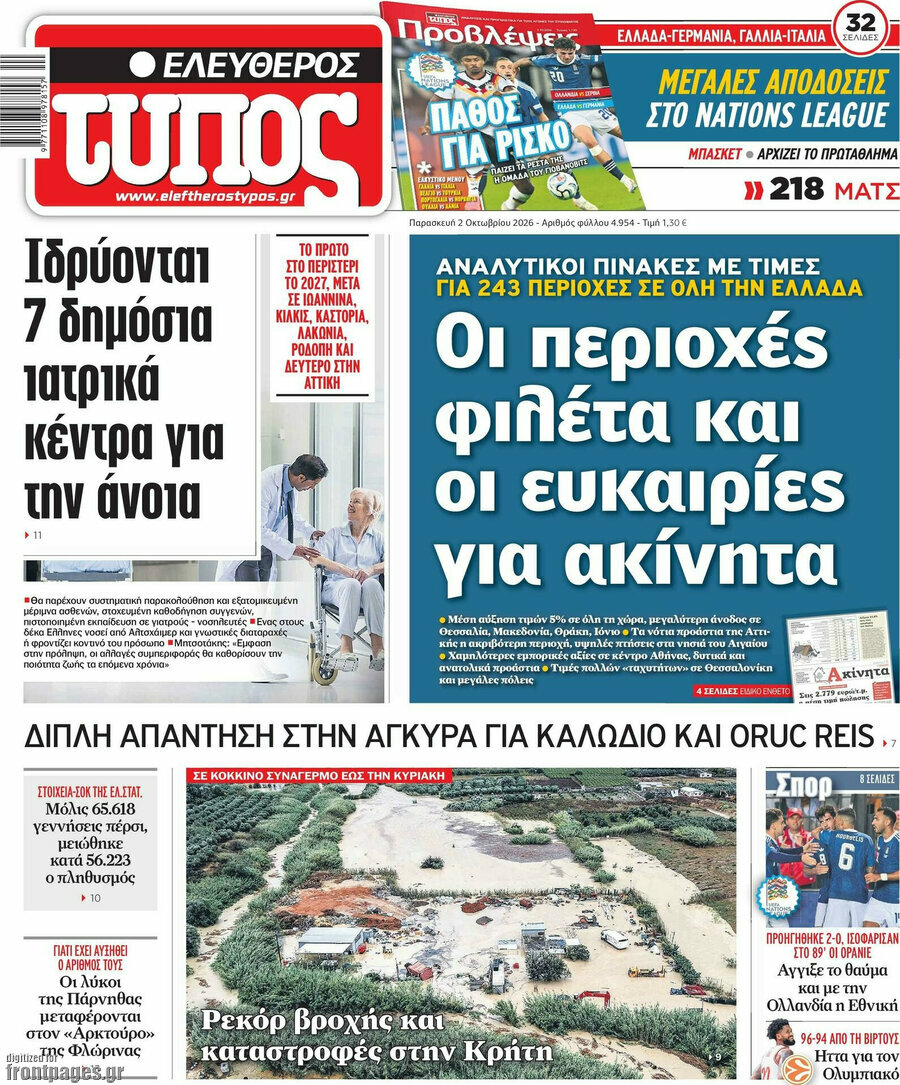 Πρωτοσέλιδο Ελεύθερος Τύπος – 2 Οκτωβρίου 2026: Οι περιοχές φιλέτα και οι ευκαιρίες για ακίνητα