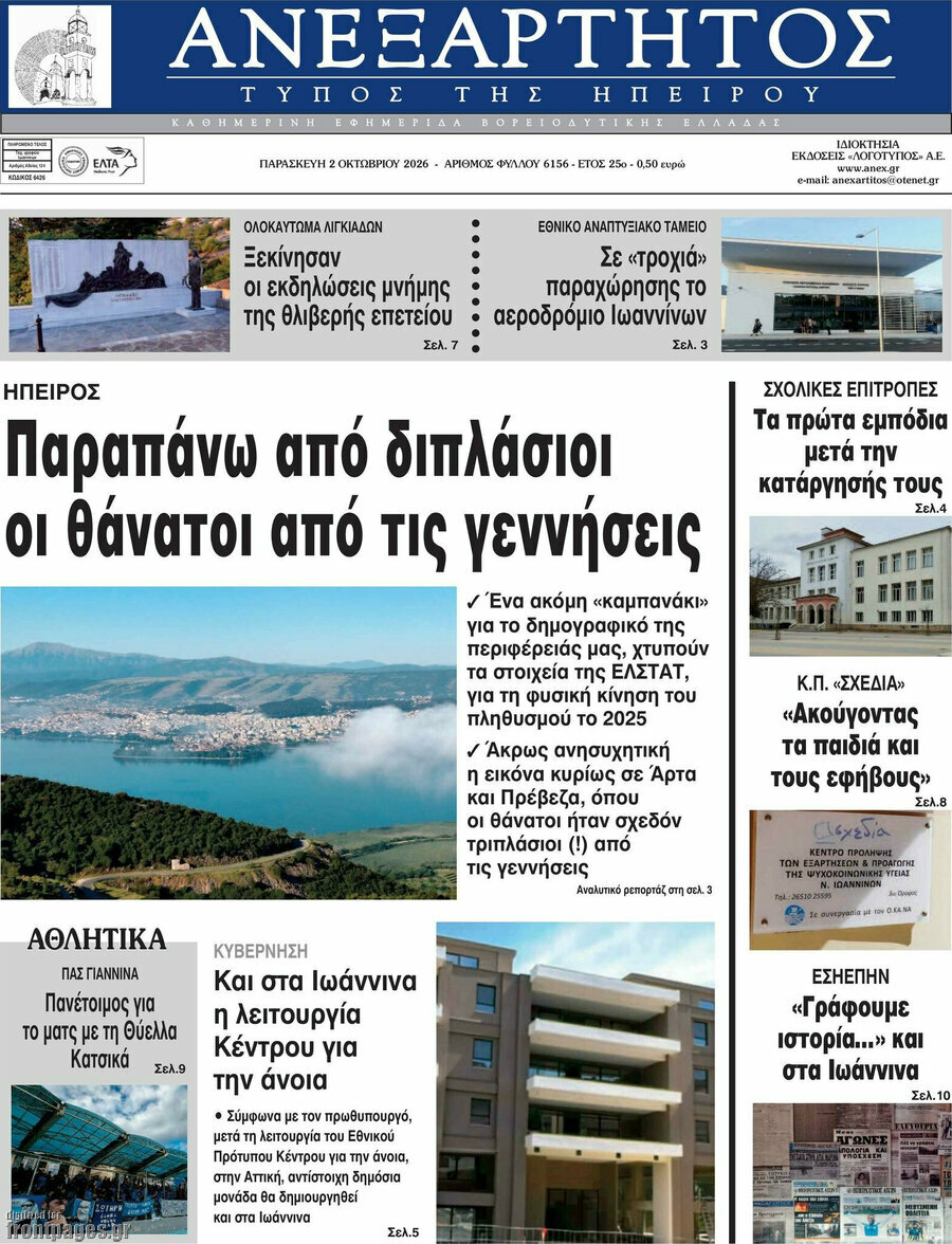 Πρωτοσέλιδο Ανεξάρτητος – 2 Οκτωβρίου 2026