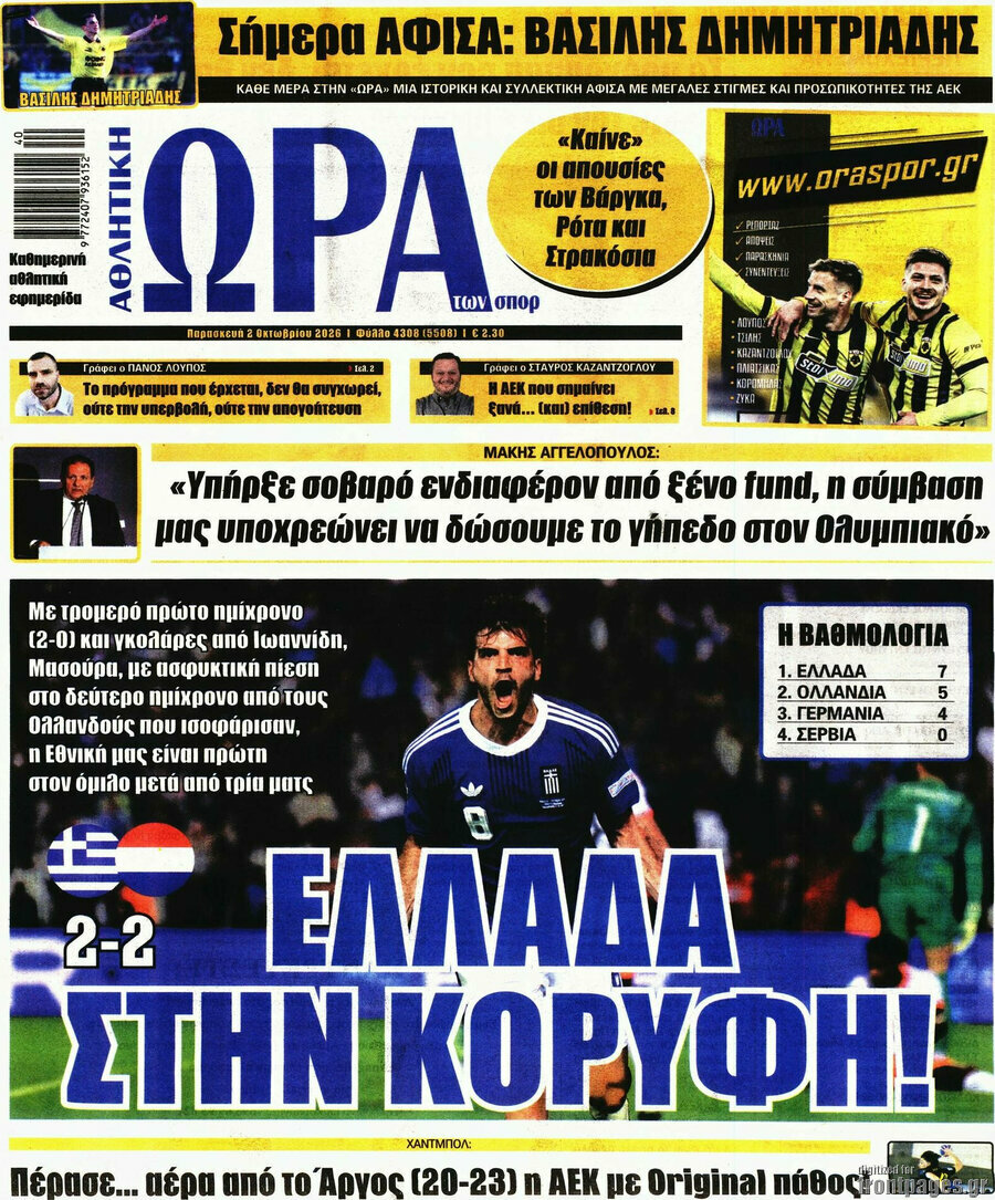 Πρωτοσέλιδο Η Ώρα των Σπορ – 2 Οκτωβρίου 2026