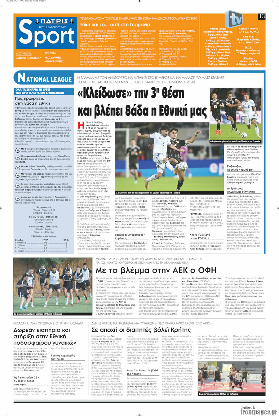 Πρωτοσέλιδο Πατρίς – 6 Οκτωβρίου 2026