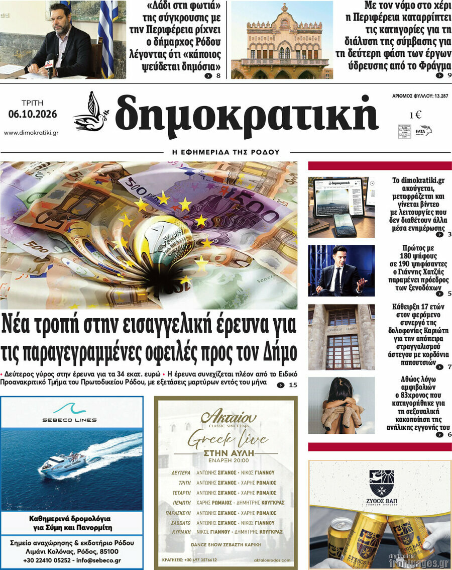 Πρωτοσέλιδο Δημοκρατική Ρόδου – 6 Οκτωβρίου 2026