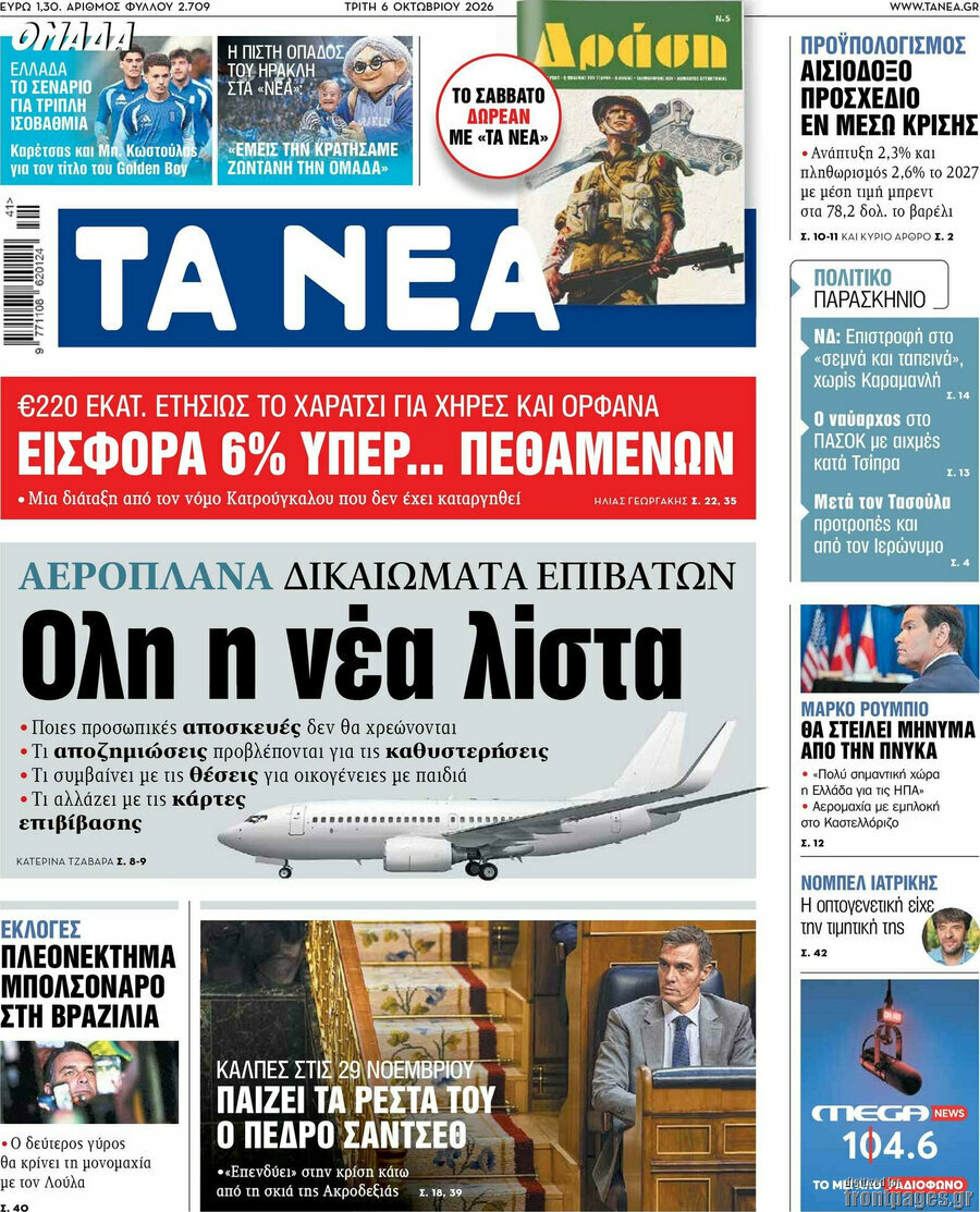 Πρωτοσέλιδο Τα Νέα – 6 Οκτωβρίου 2026: Αεροπλάνα; δικαιώματα επιβατών Όλη η νέα λίστα