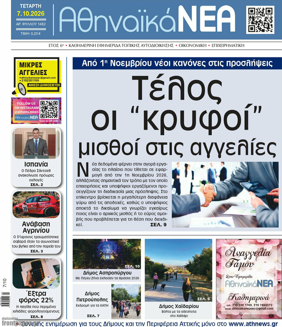 Πρωτοσέλιδο Αθηναϊκά Νέα – 7 Οκτωβρίου 2026