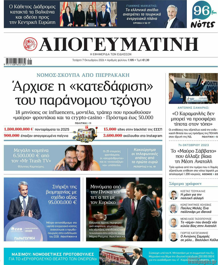 Πρωτοσέλιδο Απογευματινή – 7 Οκτωβρίου 2026: Άρχισε η «κατεδάφιση» του παράνομου τζόγου