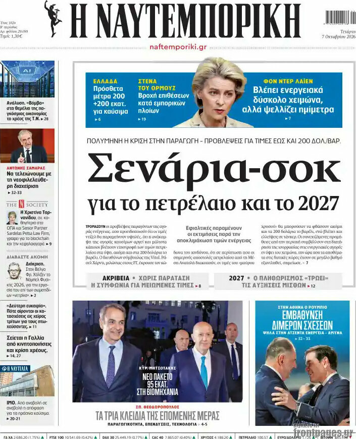 Πρωτοσέλιδο Η Ναυτεμπορική – 7 Οκτωβρίου 2026: Σενάρια-σοκ για το πετρέλαιο και το 2027