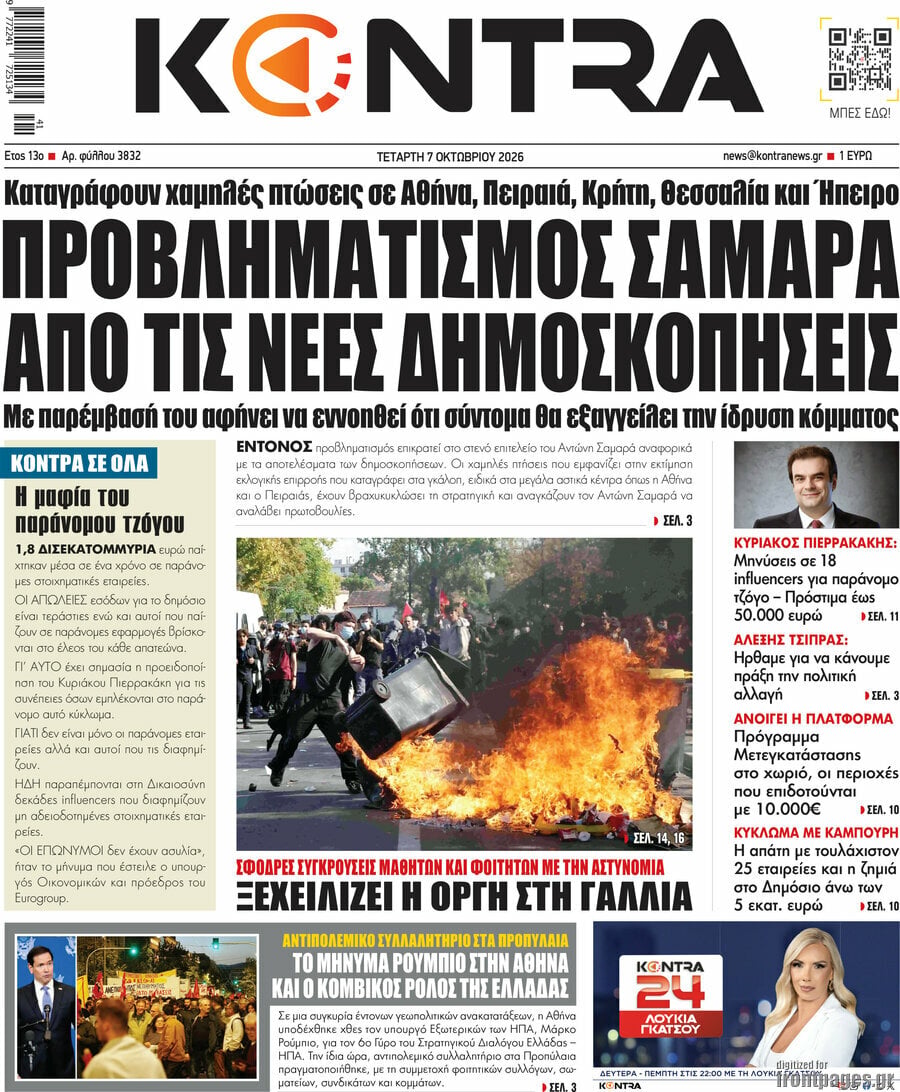 Πρωτοσέλιδο Kontra News – 7 Οκτωβρίου 2026: Προβληματισμός Σαμαρά από τις νέες δημοσκοπήσεις