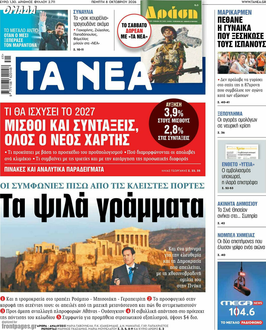 Πρωτοσέλιδο Τα Νέα – 8 Οκτωβρίου 2026: Τα ψιλά γράμματα