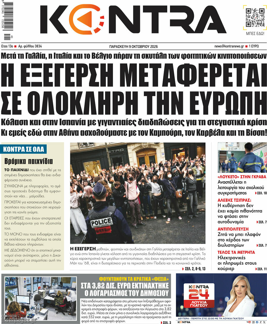 Πρωτοσέλιδο Kontra News – 9 Οκτωβρίου 2026: Η εξέγερση μεταφέρεται σε ολόκληρη την Ευρώπη