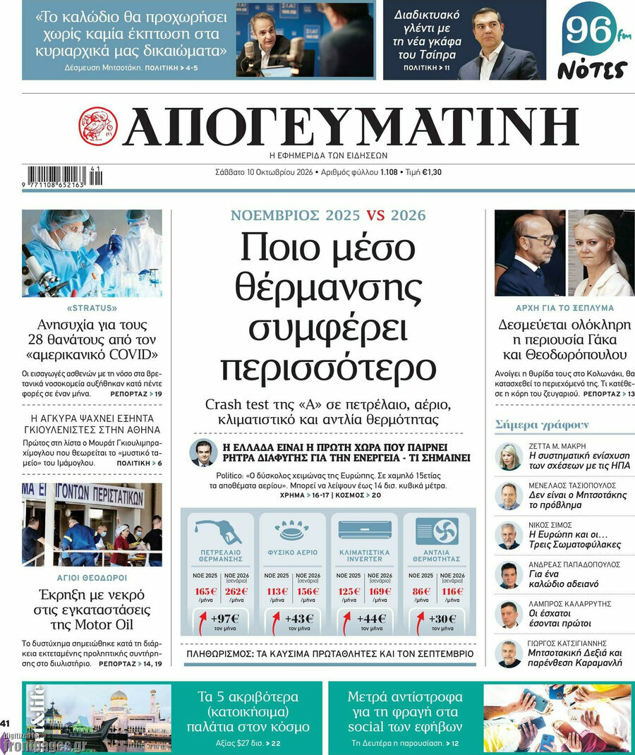 Πρωτοσέλιδο Απογευματινή – 10 Οκτωβρίου 2026: Ποιο μέσο θέρμανσης συμφέρει περισσότερο