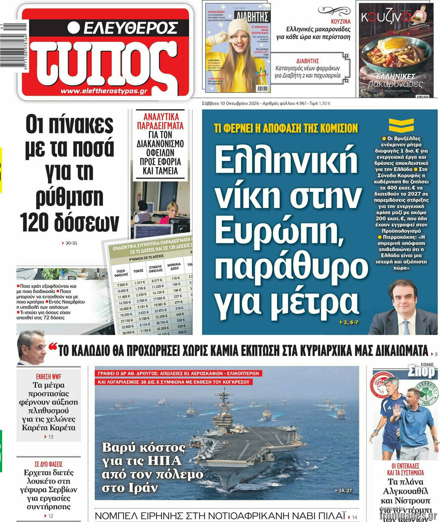Πρωτοσέλιδο Ελεύθερος Τύπος – 10 Οκτωβρίου 2026: Ελληνική νίκη στην Ευρώπη, παράθυρο για μέτρα
