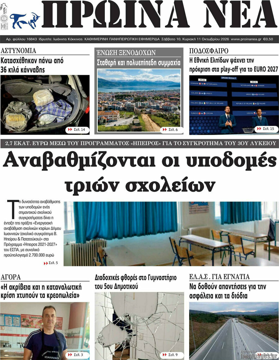 Πρωτοσέλιδο Πρωινά νέα – 10 Οκτωβρίου 2026