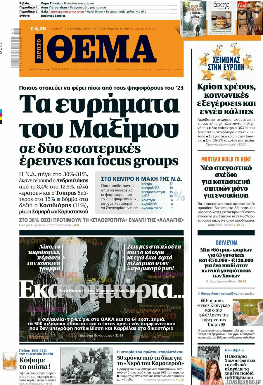 Πρωτοσέλιδο Πρώτο Θέμα – 11 Οκτωβρίου 2026: Τα ευρήματα του Μαξίμου σε δύο εσωτερικές έρευνες και focus groups