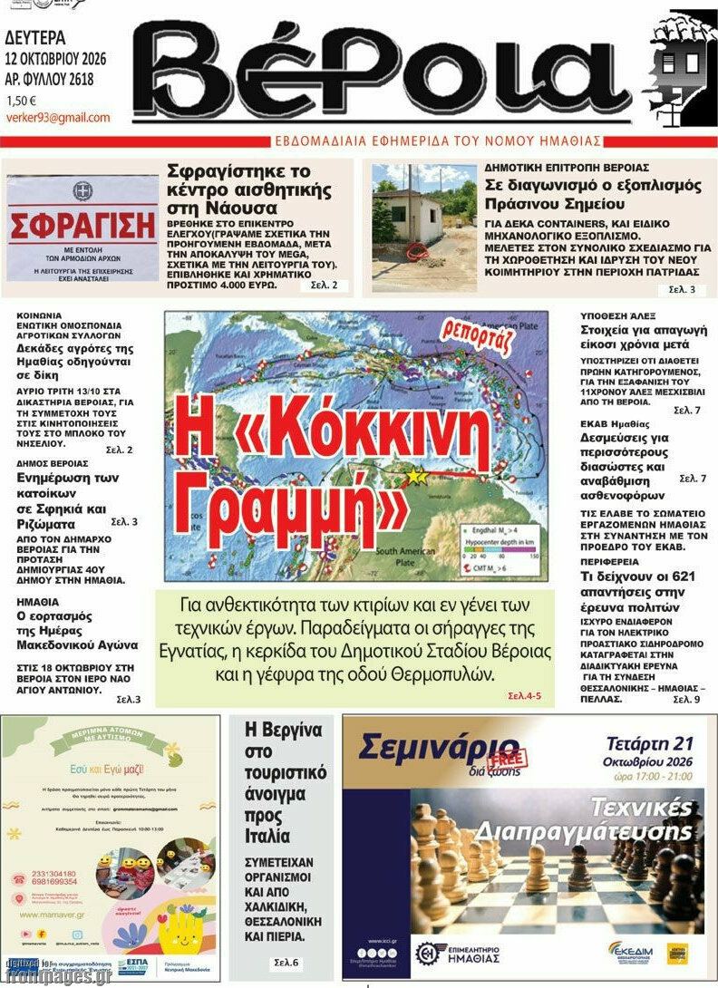 Πρωτοσέλιδο Βέροια – 12 Οκτωβρίου 2026