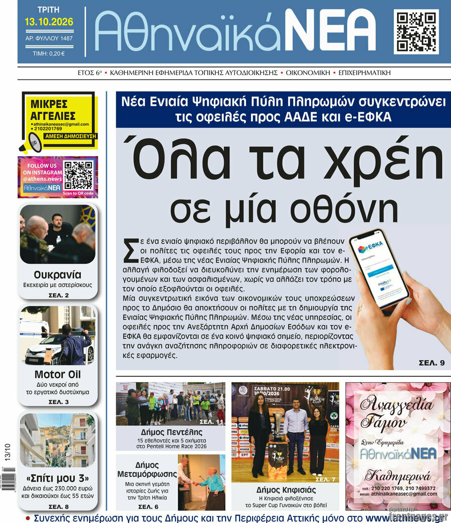 Πρωτοσέλιδο Αθηναϊκά Νέα – 13 Οκτωβρίου 2026