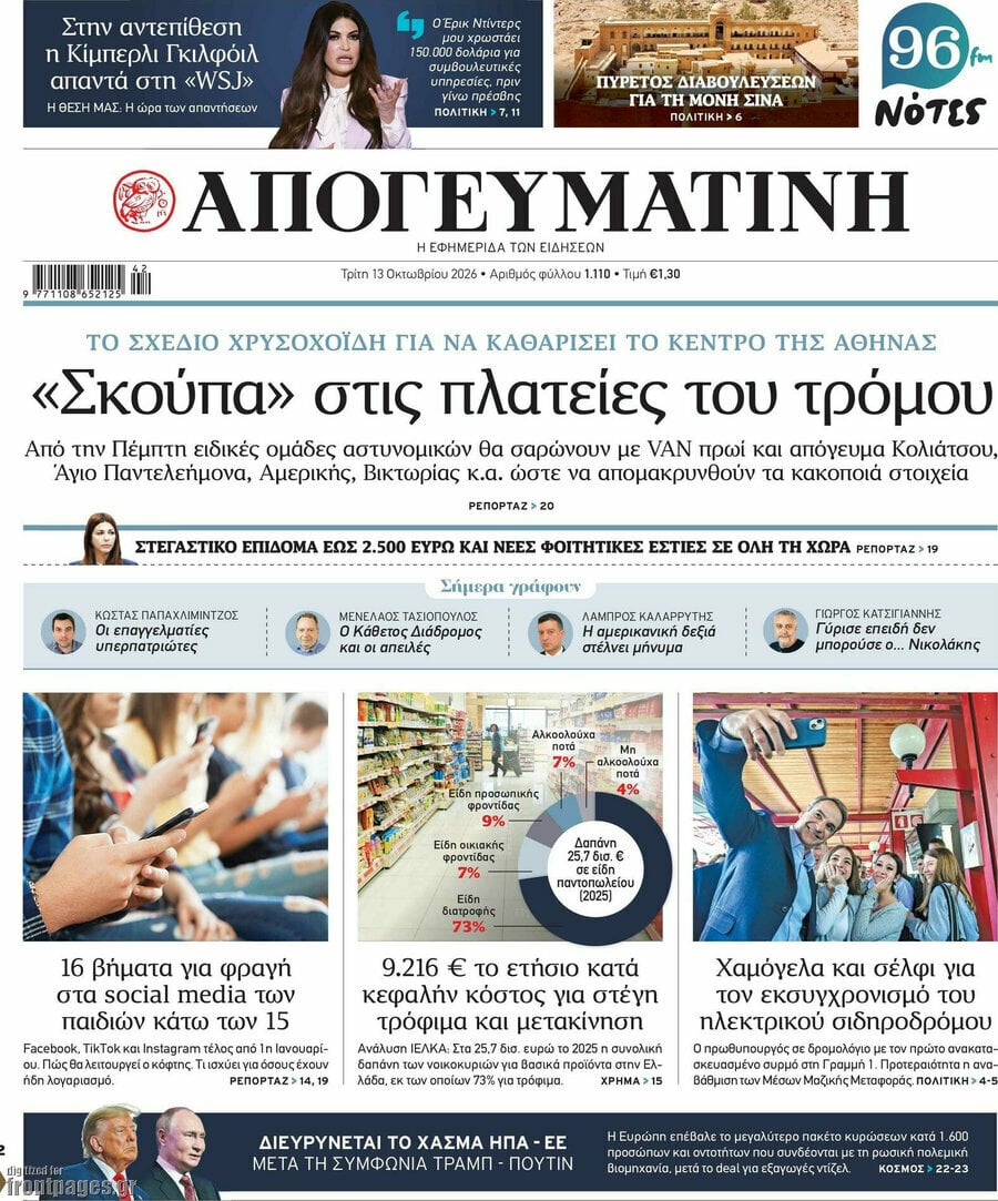 Πρωτοσέλιδο Απογευματινή – 13 Οκτωβρίου 2026: «Σκούπα» στις πλατείες του τρόμου