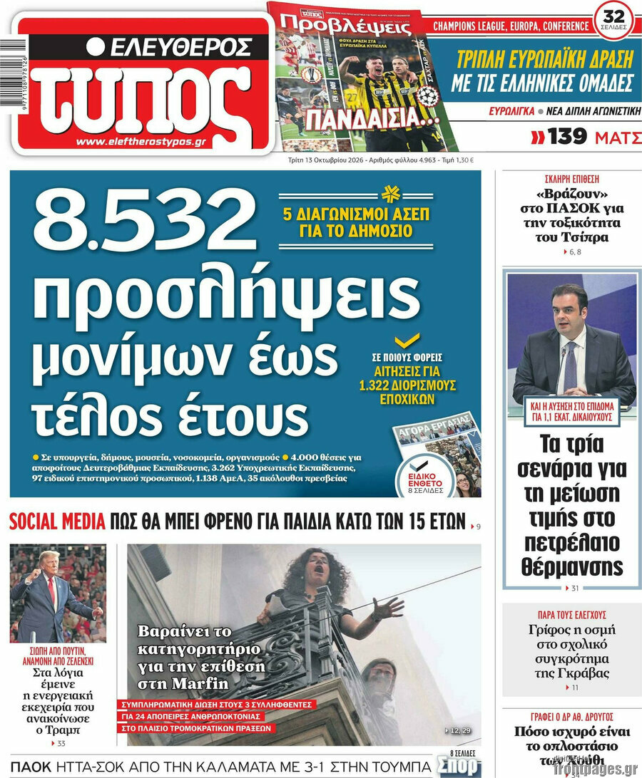 Πρωτοσέλιδο Ελεύθερος Τύπος – 13 Οκτωβρίου 2026: 8.532 προσλήψεις μονίμων έως τέλος έτους