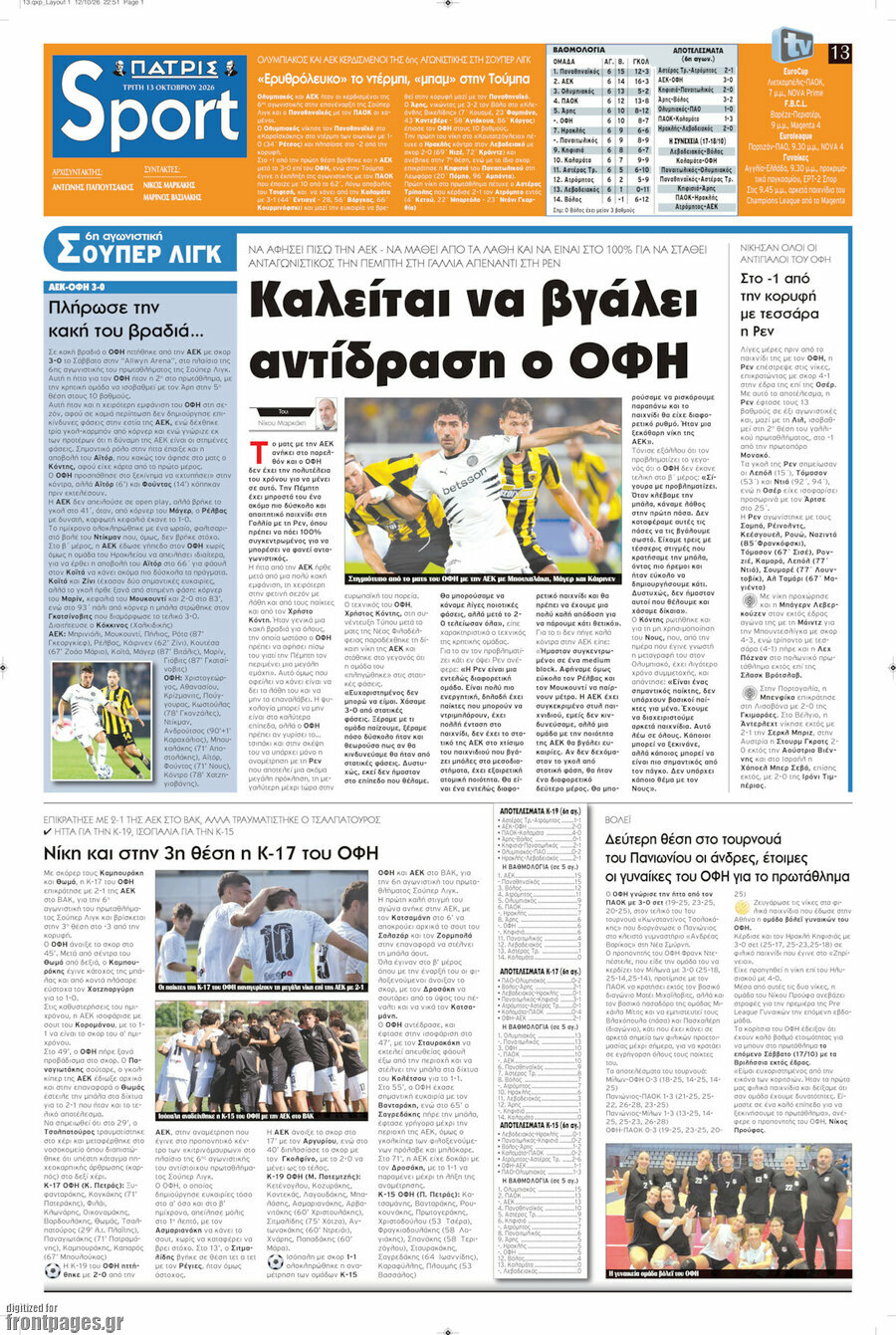 Πρωτοσέλιδο Πατρίς – 13 Οκτωβρίου 2026