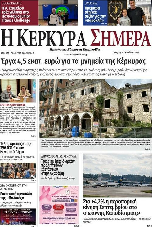 Πρωτοσέλιδο Η Κέρκυρα Σήμερα – 14 Οκτωβρίου 2026