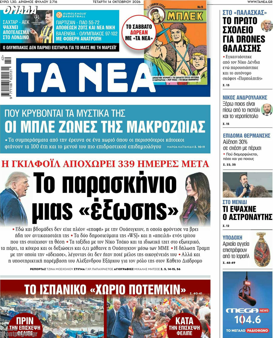 Πρωτοσέλιδο Τα Νέα – 14 Οκτωβρίου 2026: Το παρασκήνιο μιας «έξωσης»