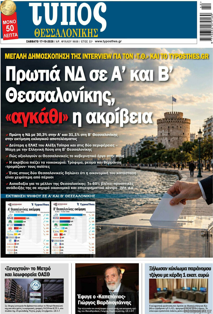 Πρωτοσέλιδο Τύπος Θεσσαλονίκης – 17 Οκτωβρίου 2026