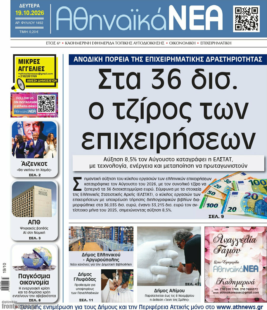 Πρωτοσέλιδο Αθηναϊκά Νέα – 19 Οκτωβρίου 2026