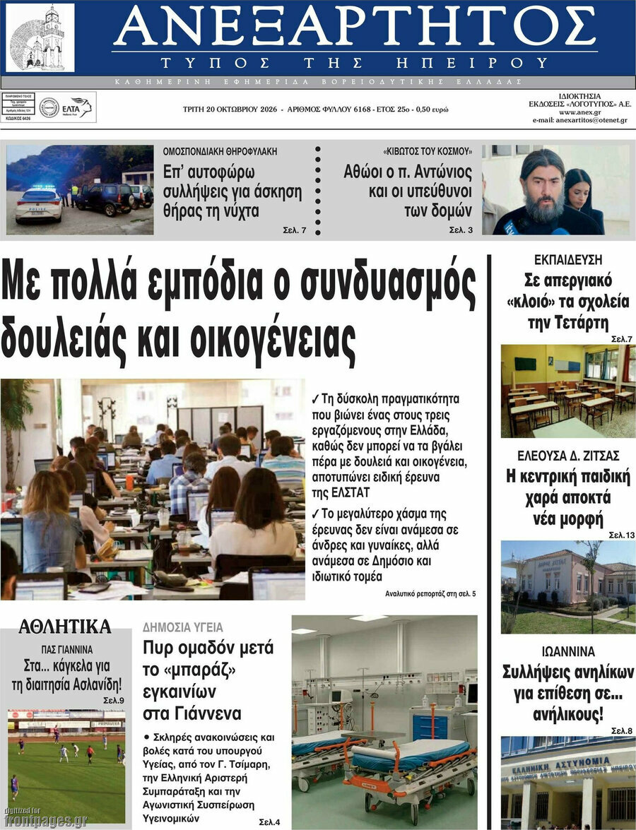 Πρωτοσέλιδο Ανεξάρτητος – 20 Οκτωβρίου 2026