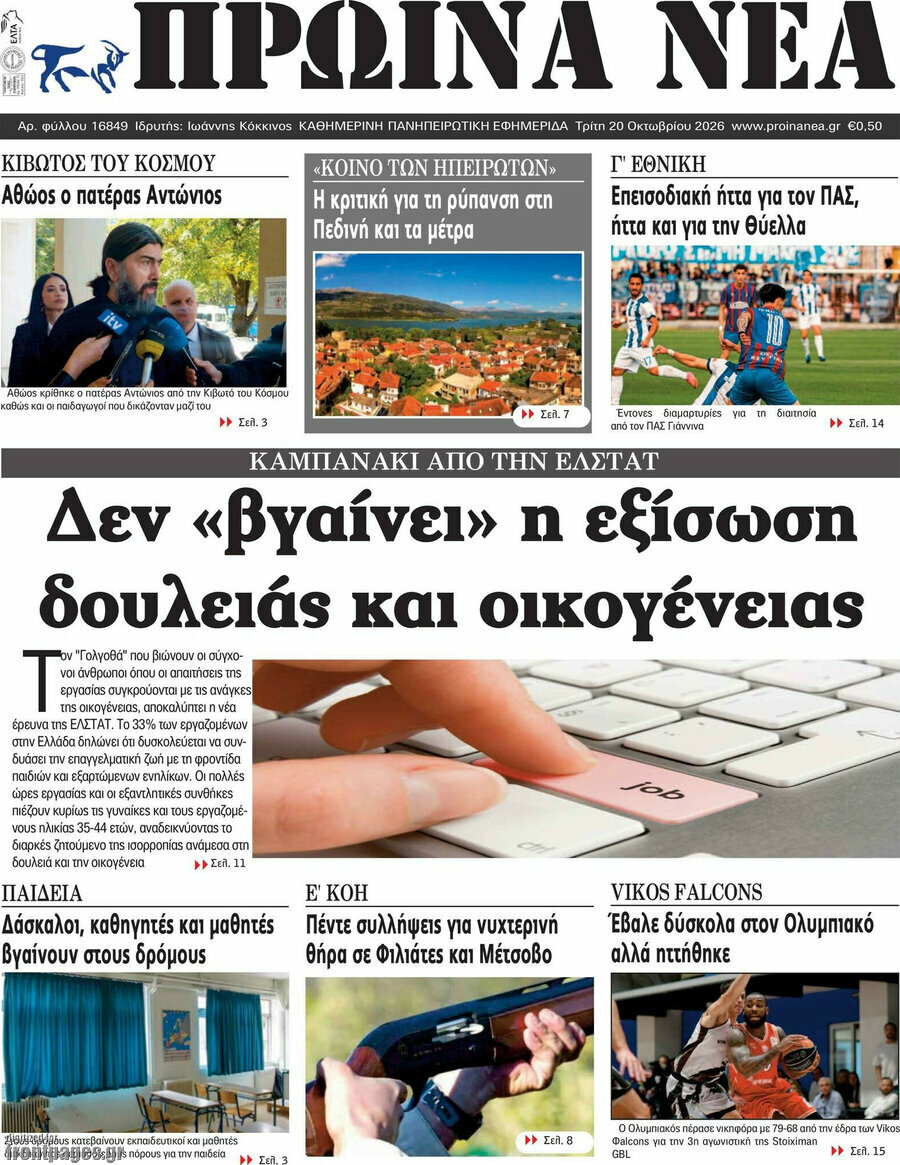 Πρωτοσέλιδο Πρωινά νέα – 20 Οκτωβρίου 2026