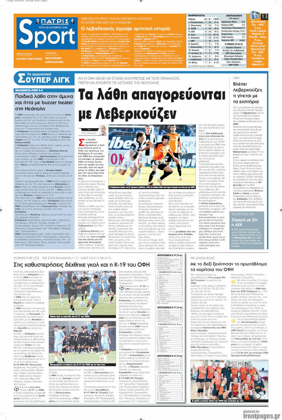 Πρωτοσέλιδο Πατρίς – 20 Οκτωβρίου 2026