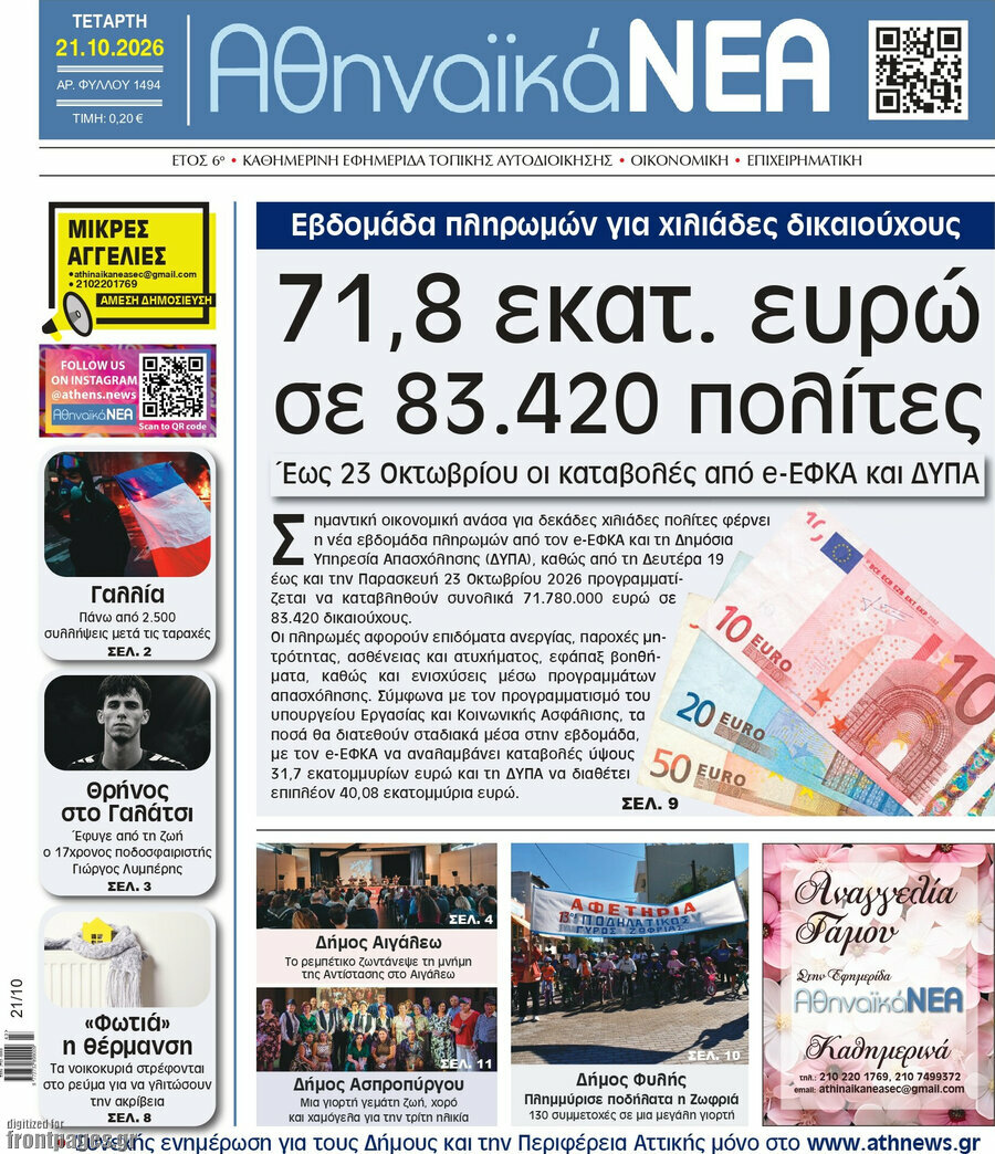 Πρωτοσέλιδο Αθηναϊκά Νέα – 21 Οκτωβρίου 2026