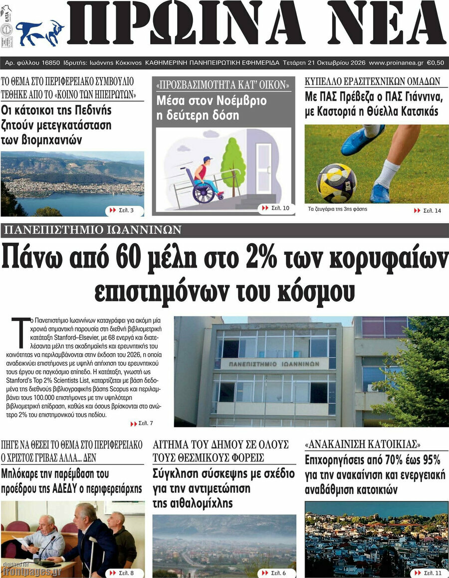 Πρωτοσέλιδο Πρωινά νέα – 21 Οκτωβρίου 2026
