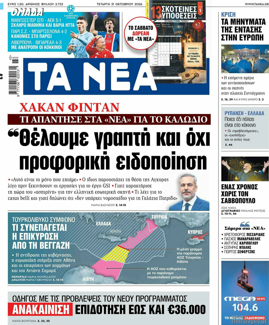 Πρωτοσέλιδο Τα Νέα – 21 Οκτωβρίου 2026: Θέλουμε γραπτή και όχι προφορική ειδοποίηση