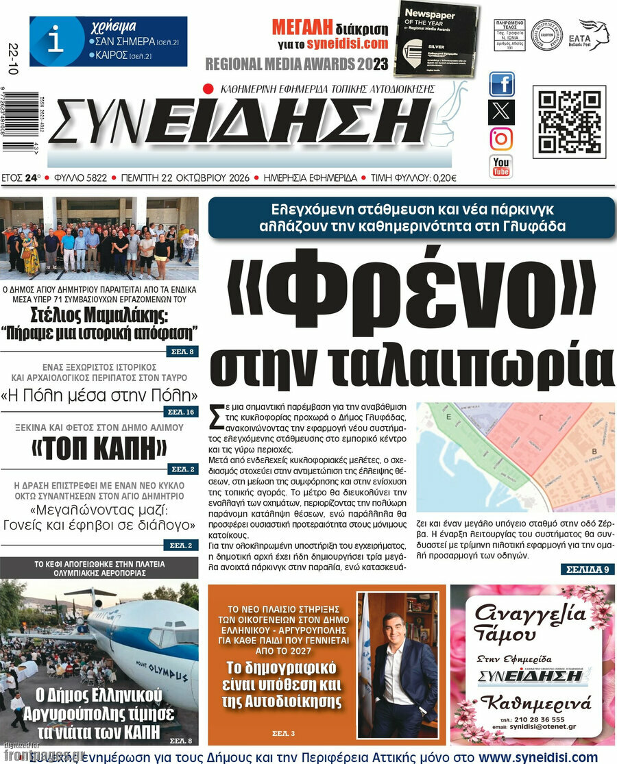 Πρωτοσέλιδο Συνείδηση – 22 Οκτωβρίου 2026