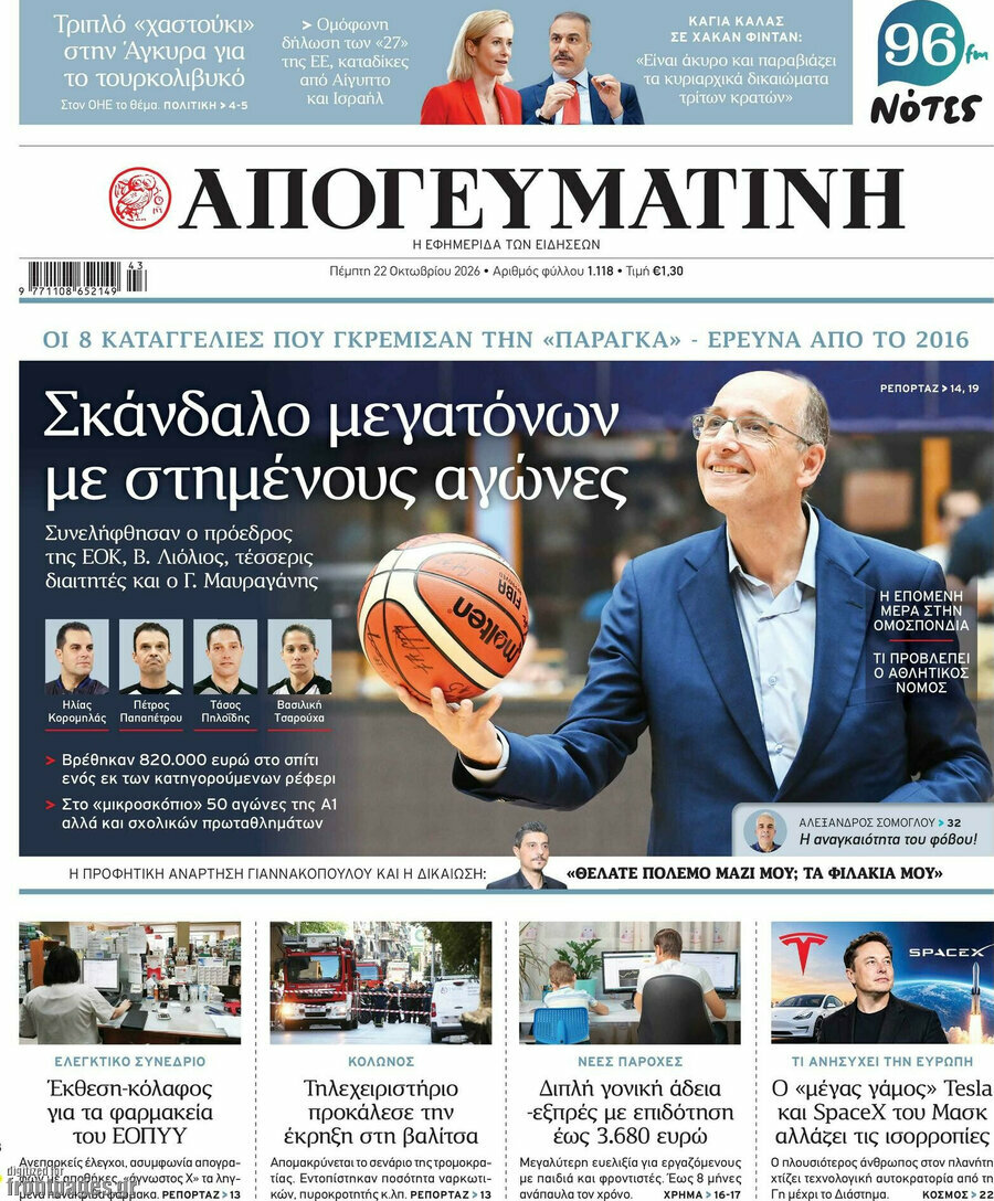 Πρωτοσέλιδο Απογευματινή – 22 Οκτωβρίου 2026: Σκάνδαλο μεγατόνων με στημένους αγώνες