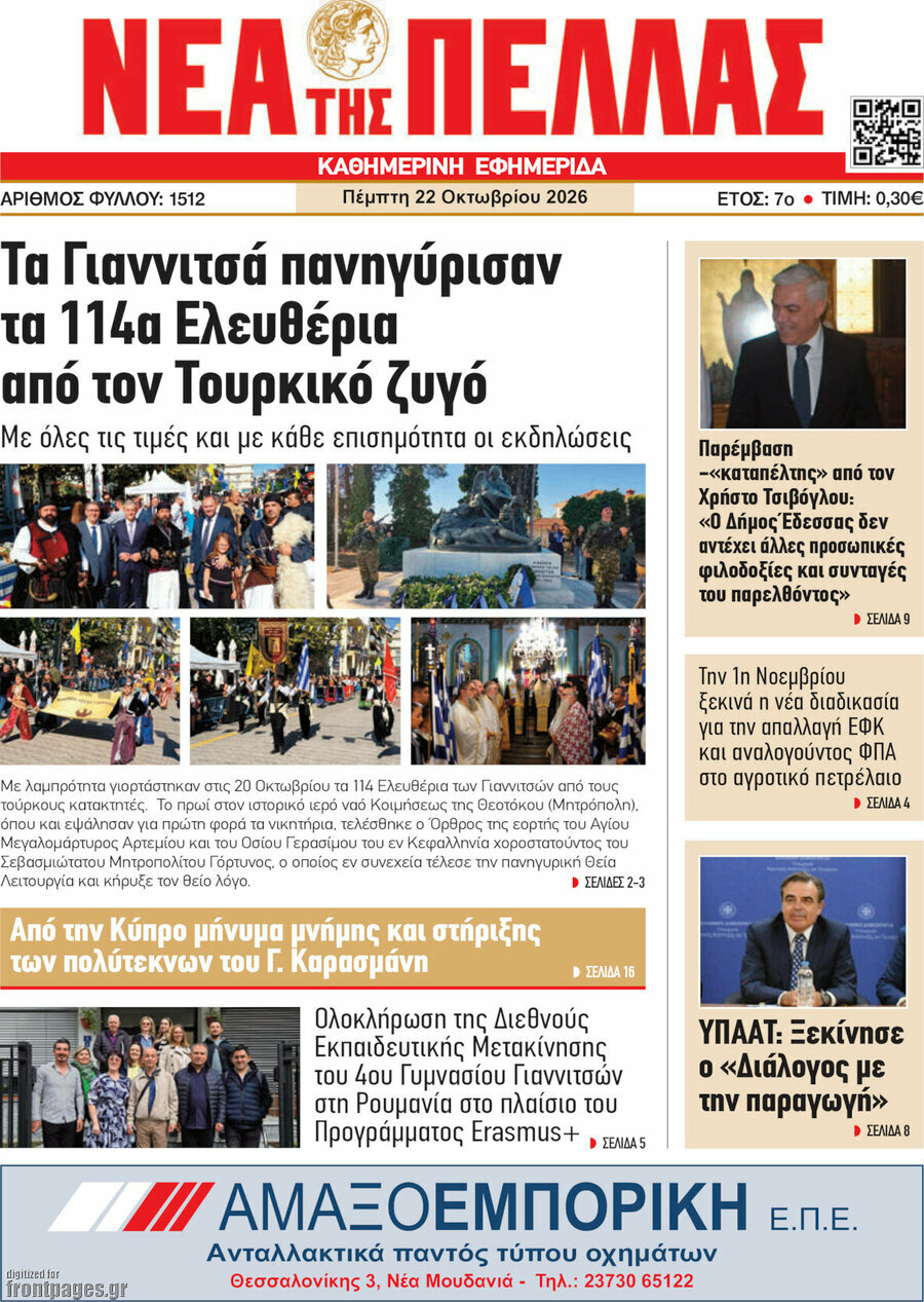 Πρωτοσέλιδο Νέα της Πέλλας – 22 Οκτωβρίου 2026