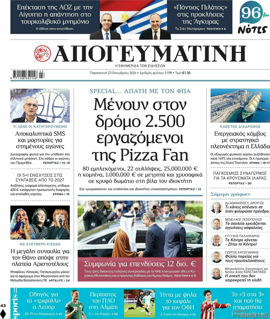 Πρωτοσέλιδο Απογευματινή – 23 Οκτωβρίου 2026: Μένουν στον δρόμο 2.500 εργαζόμενοι της Pizza Fan