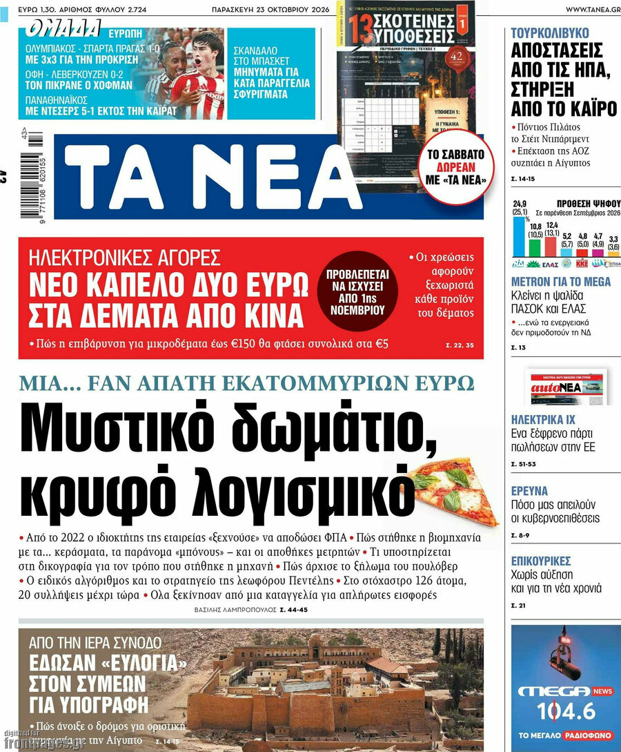 Πρωτοσέλιδο Τα Νέα – 23 Οκτωβρίου 2026: Μυστικό δωμάτιο, κρυφό λογισμικό